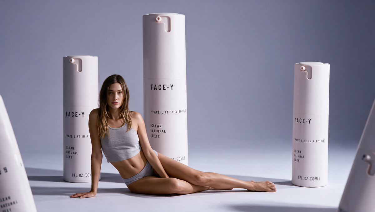 Model seated among oversized Face-y bottles